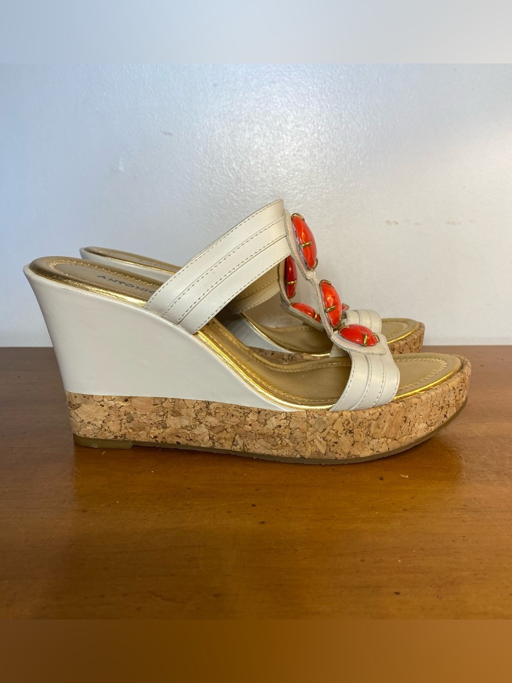 Antonio Melani 6.5 Leather Cork Strappy Wedges Sandals Ivory Orange Gold Beaded